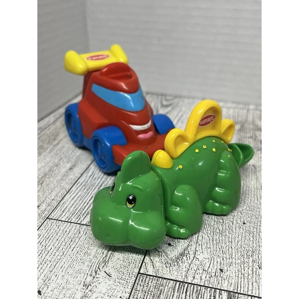 Vintage Playskool Chunky Toddler Toy Lot -‎ Red Race Car & Green Stegosaurus